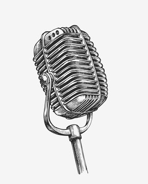 Hand-drawn Vintage Microphone. Sketch Karaoke. Vector Illustration