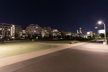 Playground in empty park at night with residential buildings