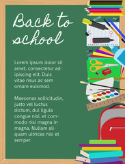Background with school supplies on chalkboard
