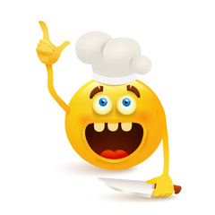 Yellow smile roung face in chef hat with knife
