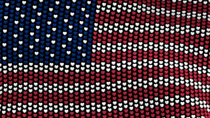 American flag is waving in the wind, consisting of hearts, on a black background.