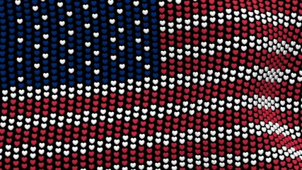 American flag is waving in the wind, consisting of hearts, on a black background.