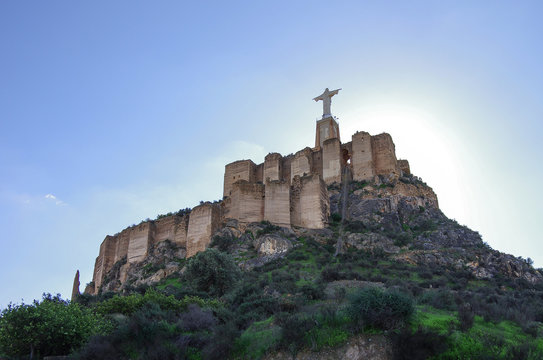 Statue christ. Castillo de Monteagudo,medieval castle, Murcia, Spain.