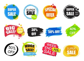 Set of flat modern and hand drawn design sale stickers. Collection of colorful vector illustrations for online shopping, product promotions, website badges, ads, flyers.