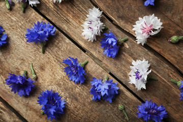 Obraz na płótnie Canvas Bluett flowers scattered on wooden background