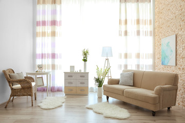 Contemporary interior with bouquet of flowers in vase