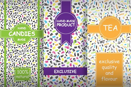 Vector set of templates packaging tea, candies, hand made product. Label, banner, poster, identity, branding. Colorful hand drawn doodle patterns, backgrounds.