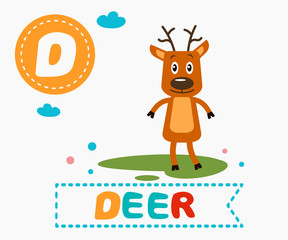 Hand drawn letter D and funny cute deer