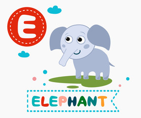 Hand drawn letter E and funny cute elephant