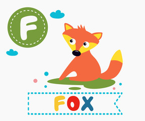 Hand drawn letter F and funny cute fox