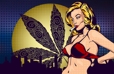 Smoking lady undressed, take off bra. The marijuana leafs and city scape on the background, moonlight, vector image