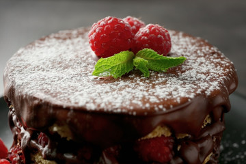 Tasty raspberry cake on grey background, closeup