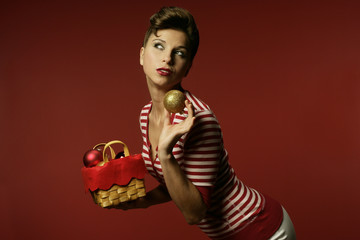 Retro Woman with basket of Ornaments