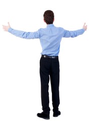 A man in a jacket raised his hands in prayer. Businessman in blue shirt, arms outstretched to embrace.