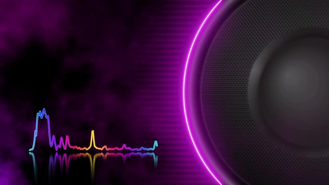 Speaker animation that plays low bass frequencies. Animated audio elements background with smoke. Place for your text. Ultra High Definition 4K animation.