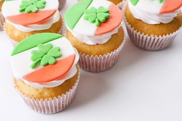Tasty cupcakes, closeup. Saint Patrics Day concept