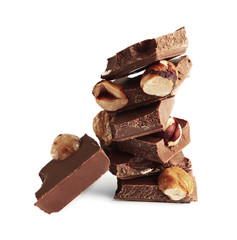 Milk chocolate tiles with nuts isolated on white