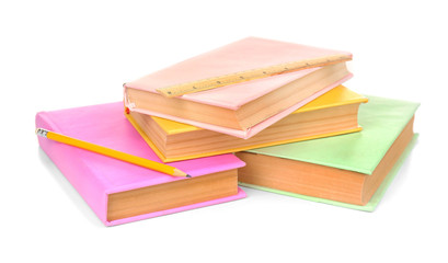 Books with pencil and ruler, isolated on white. Back to school concept