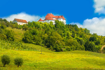      Countryside landscape in Zagorje, Croatia, with old castle Veliki Tabor on hill 