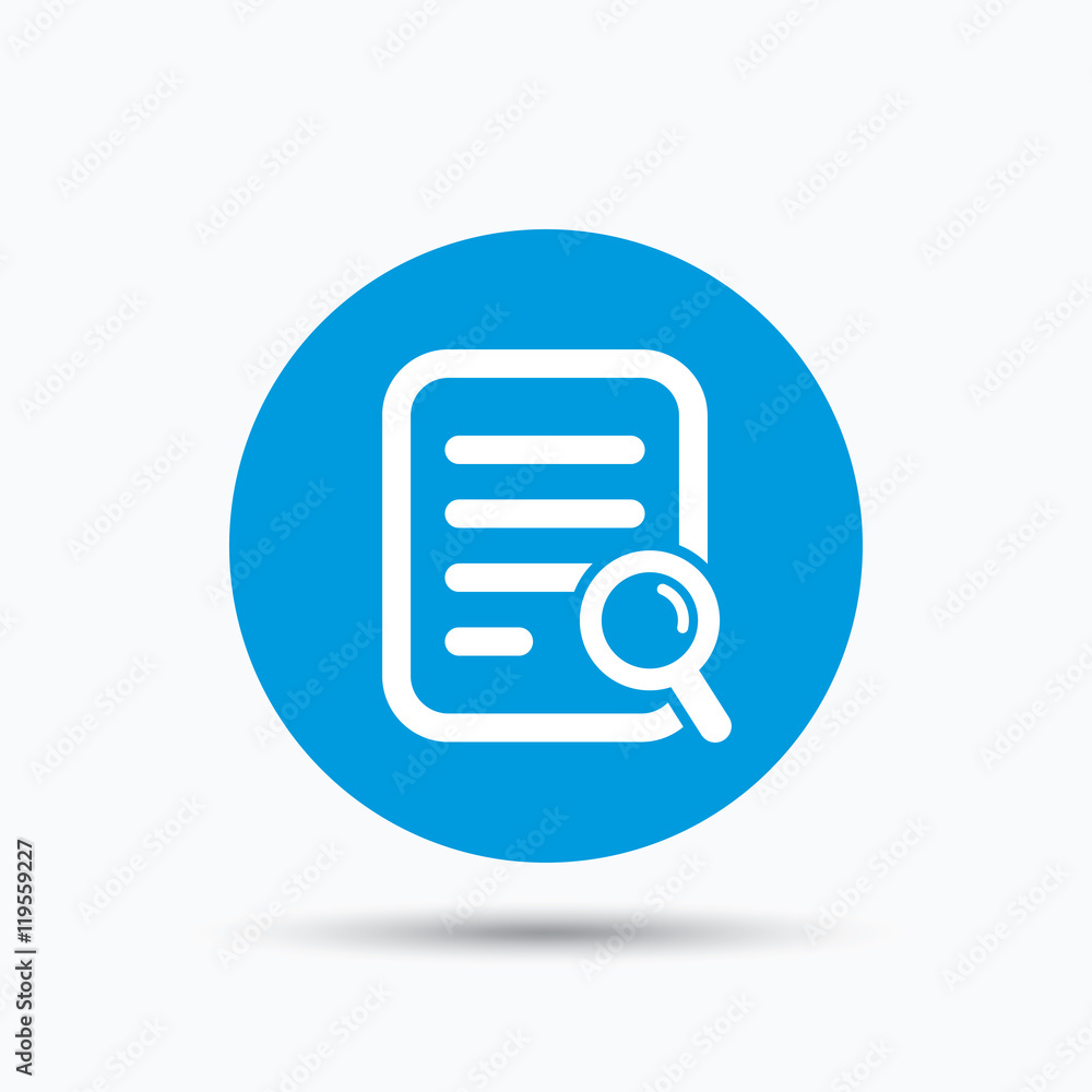 Poster file search icon. document page with magnifier.
