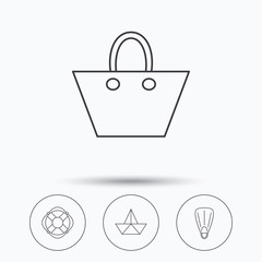 Paper boat, flippers and lifebuoy icons.