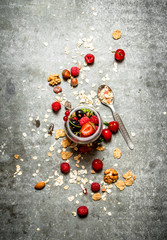 Fitness food. Berries with muesli and nuts.