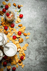 Fitness food. Muesli with wild berries and milk in bottles.