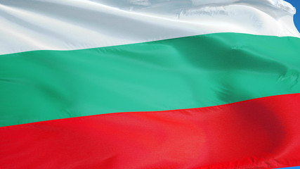Bulgaria flag waving against clean blue sky, close up, isolated with clipping mask alpha channel transparency, perfect for film, news, digital composition