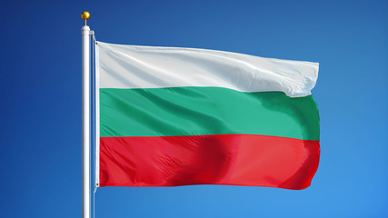 Bulgaria flag waving against clean blue sky, close up, isolated with clipping mask alpha channel transparency, perfect for film, news, digital composition