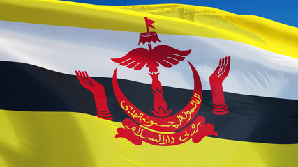 Brunei flag waving against clean blue sky, close up, isolated with clipping mask alpha channel transparency, perfect for film, news, digital composition