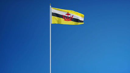 Brunei flag waving against clean blue sky, long shot, isolated with clipping mask alpha channel transparency, perfect for film, news, digital composition