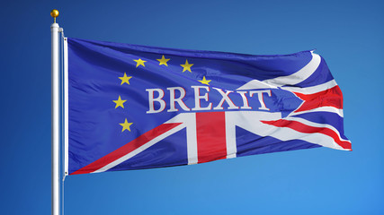 Great Britain Brexit flag waving against clean blue sky, close up, isolated with clipping mask alpha channel transparency with black and white matte, perfect for film, news, digital composition