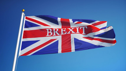 Fototapeta premium Great Britain Brexit flag waving against clean blue sky, close up, isolated with clipping mask alpha channel transparency with black and white matte, perfect for film, news, digital composition