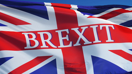 Great Britain Brexit flag waving against clean blue sky, close up, isolated with clipping mask alpha channel transparency with black and white matte, perfect for film, news, digital composition