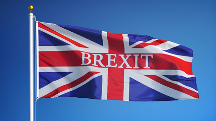 Fototapeta na wymiar Great Britain Brexit flag waving against clean blue sky, close up, isolated with clipping mask alpha channel transparency with black and white matte, perfect for film, news, digital composition