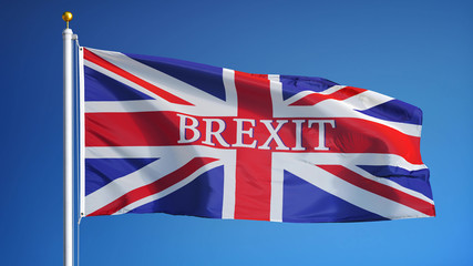 Great Britain Brexit flag waving against clean blue sky, close up, isolated with clipping mask alpha channel transparency with black and white matte, perfect for film, news, digital composition