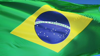 Brazil flag waving against clean blue sky, close up, isolated with clipping mask alpha channel transparency, perfect for film, news, digital composition