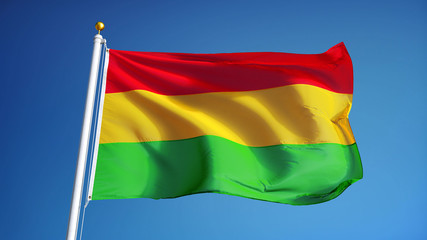 Bolivia flag waving against clean blue sky, close up, isolated with clipping mask alpha channel transparency, perfect for film, news, digital composition