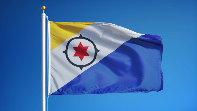 Bonaire flag waving against clean blue sky, close up, isolated with clipping mask alpha channel transparency, perfect for film, news, digital composition - Powered by Adobe