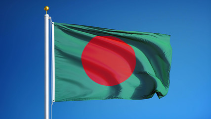 Bangladesh flag waving against clean blue sky, close up, isolated with clipping mask alpha channel...