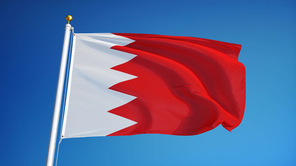 Bahrain flag waving against clean blue sky, close up, isolated with clipping mask alpha channel transparency, perfect for film, news, digital composition