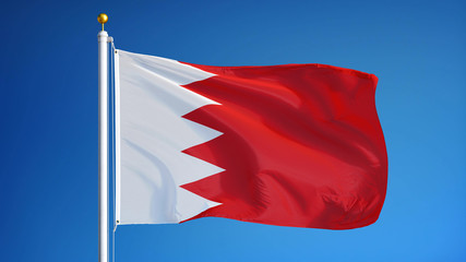 Naklejka na ściany i meble Bahrain flag waving against clean blue sky, close up, isolated with clipping mask alpha channel transparency, perfect for film, news, digital composition
