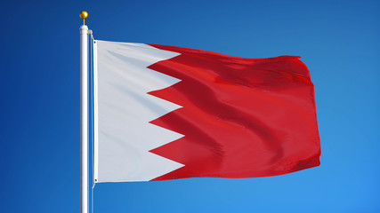 Bahrain flag waving against clean blue sky, close up, isolated with clipping mask alpha channel transparency, perfect for film, news, digital composition