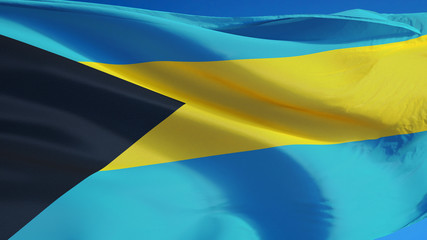 Bahamas flag waving against clean blue sky, close up, isolated with clipping mask alpha channel transparency, perfect for film, news, digital composition