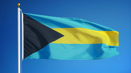 Bahamas flag waving against clean blue sky, close up, isolated with clipping mask alpha channel transparency, perfect for film, news, digital composition
