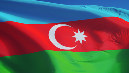 Azerbaijan flag waving against clean blue sky, close up, isolated with clipping mask alpha channel transparency, perfect for film, news, digital composition