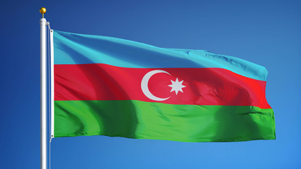 Azerbaijan flag waving against clean blue sky, close up, isolated with clipping mask alpha channel transparency, perfect for film, news, digital composition