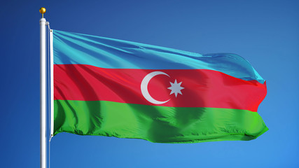 Azerbaijan flag waving against clean blue sky, close up, isolated with clipping mask alpha channel transparency, perfect for film, news, digital composition