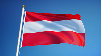 Fototapeta na wymiar Austria flag waving against clean blue sky, close up, isolated with clipping mask alpha channel transparency, perfect for film, news, digital composition