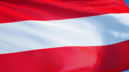 Austria flag waving against clean blue sky, close up, isolated with clipping mask alpha channel transparency, perfect for film, news, digital composition